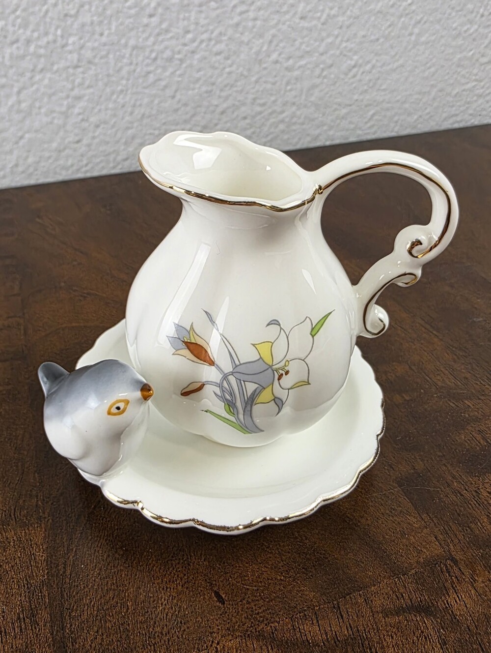 Vintage Genuine Bone China Taiwan Mini Pitcher & Bird Dish Gold Trim